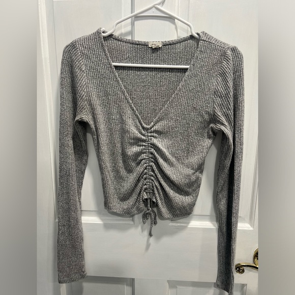 GARAGE V Neck Ribbed Front Cinched Knit Crop Top In Gray SIZE SMALL Pre Loved - Picture 1 of 5